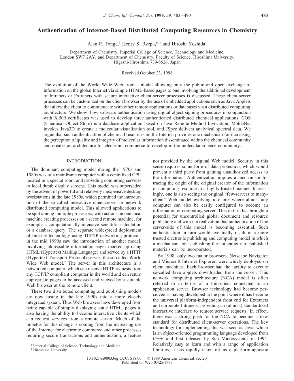 Authentication of Internet-Based Distributed Computing Resources in Chemistry