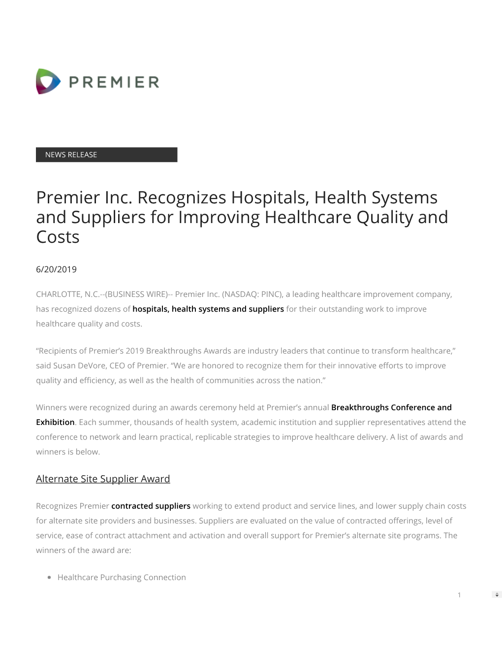 Premier Inc. Recognizes Hospitals, Health Systems and Suppliers for Improving Healthcare Quality and Costs