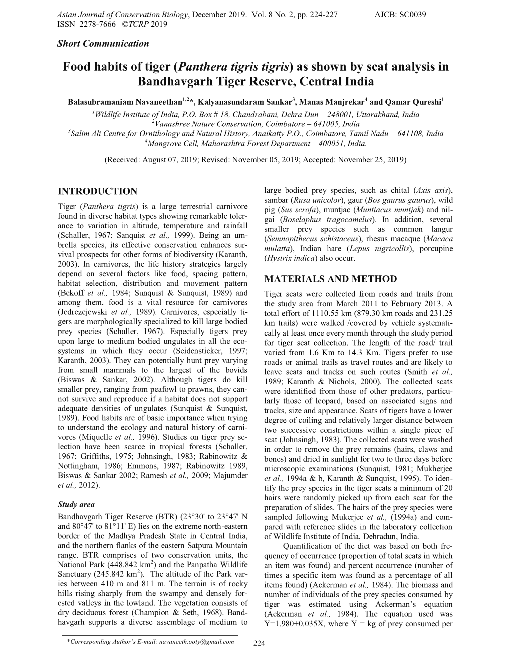 Food Habits of Tiger (Panthera Tigris Tigris) As Shown by Scat Analysis in Bandhavgarh Tiger Reserve, Central India