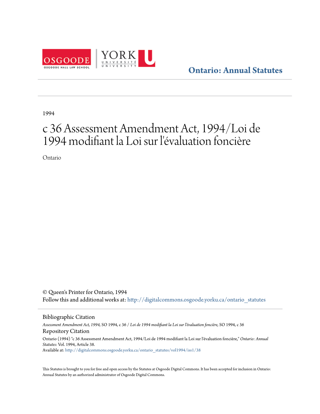 C 36 Assessment Amendment Act, 1994/Loi De 1994 Modifiant La Loi Sur L'évaluation Foncière Ontario