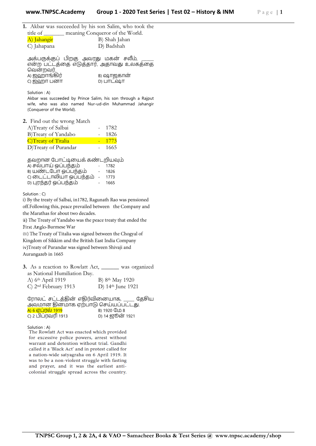 Group 1 - 2020 Test Series | Test 02 – History & INM P a G E | 1