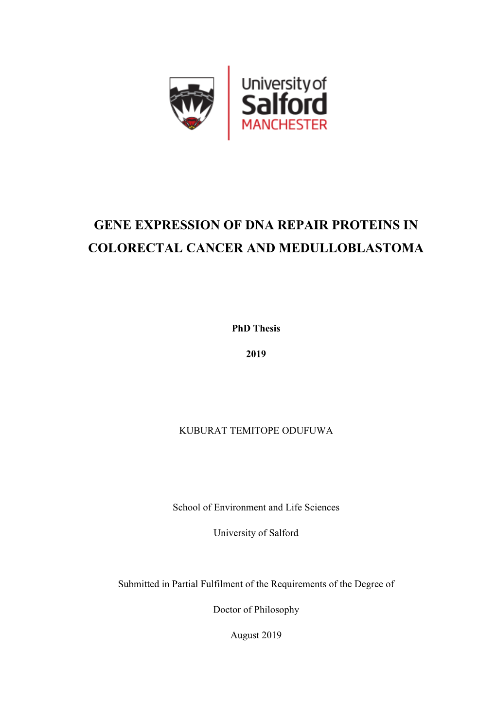 Gene Expression of Dna Repair Proteins in Colorectal Cancer and Medulloblastoma