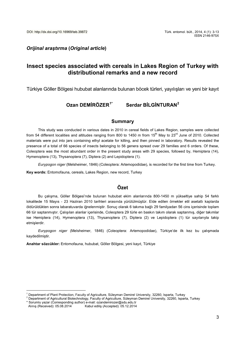 Insect Species Associated with Cereals in Lakes Region of Turkey with Distributional Remarks and a New Record