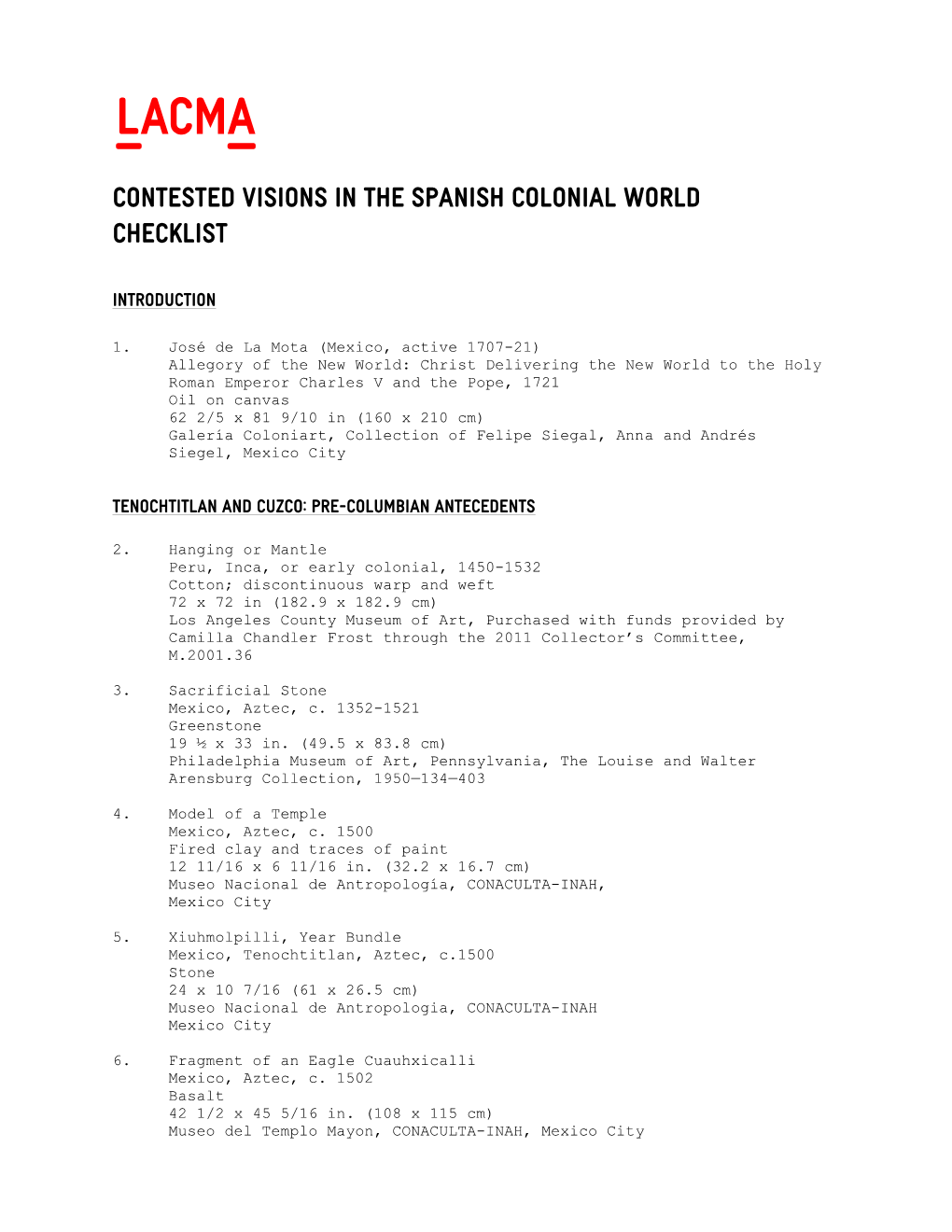 Contested Visions in the Spanish Colonial World Checklist