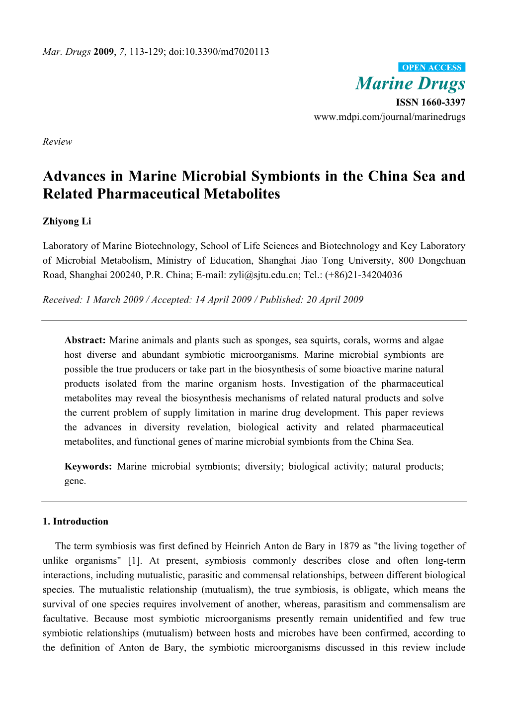 Advances in Marine Microbial Symbionts in the China Sea and Related Pharmaceutical Metabolites