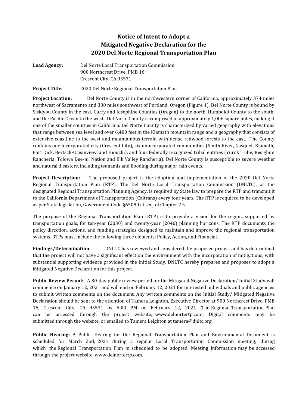 Notice of Intent to Adopt a Mitigated Negative Declaration for the 2020 Del Norte Regional Transportation Plan