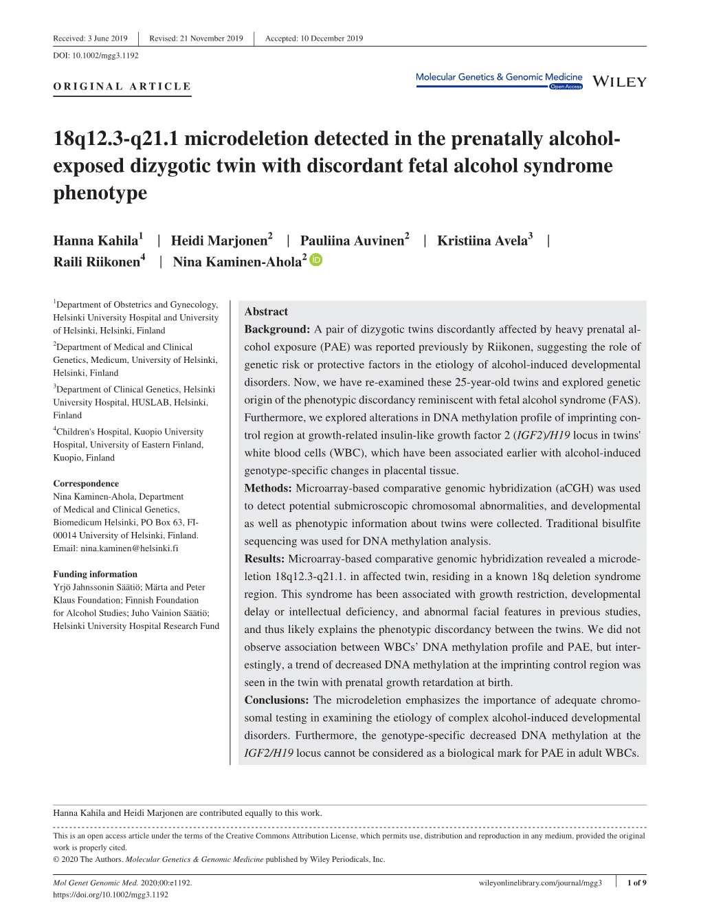 18Q12.3&#X2010;Q21.1 Microdeletion Detected in the Prenatally Alcohol&