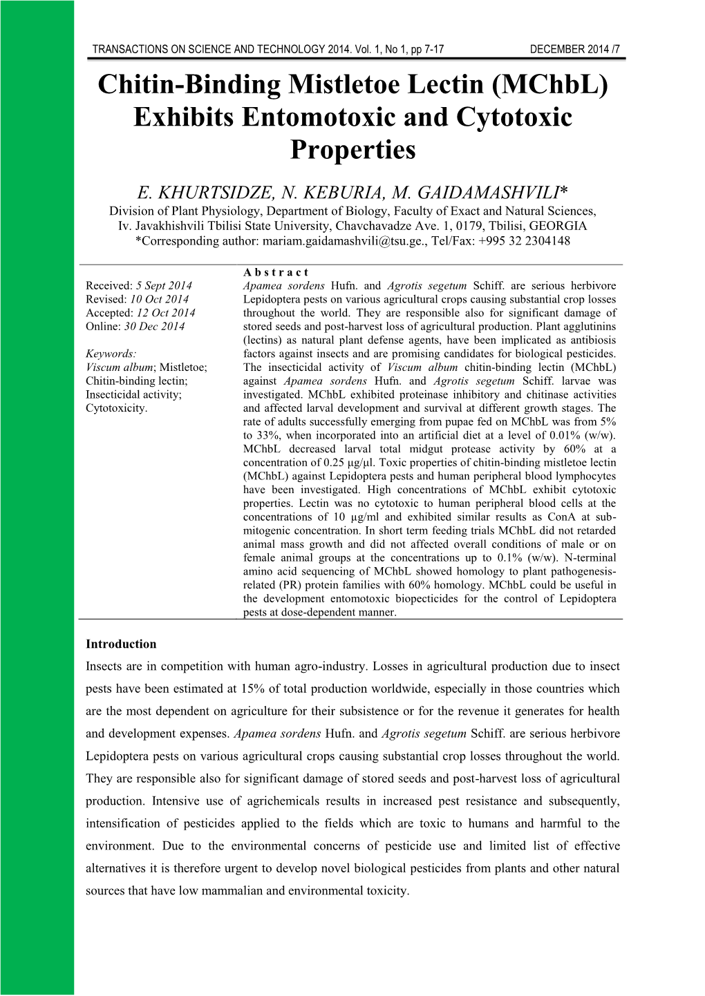 Chitin-Binding Mistletoe Lectin (Mchbl) Exhibits Entomotoxic and Cytotoxic Properties