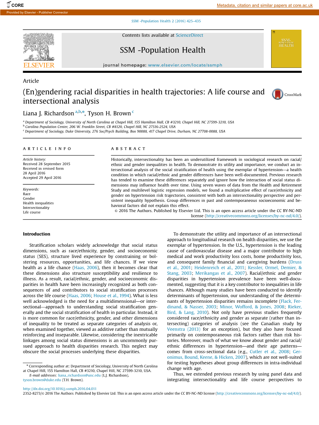 (En)Gendering Racial Disparities in Health Trajectories a Life Course