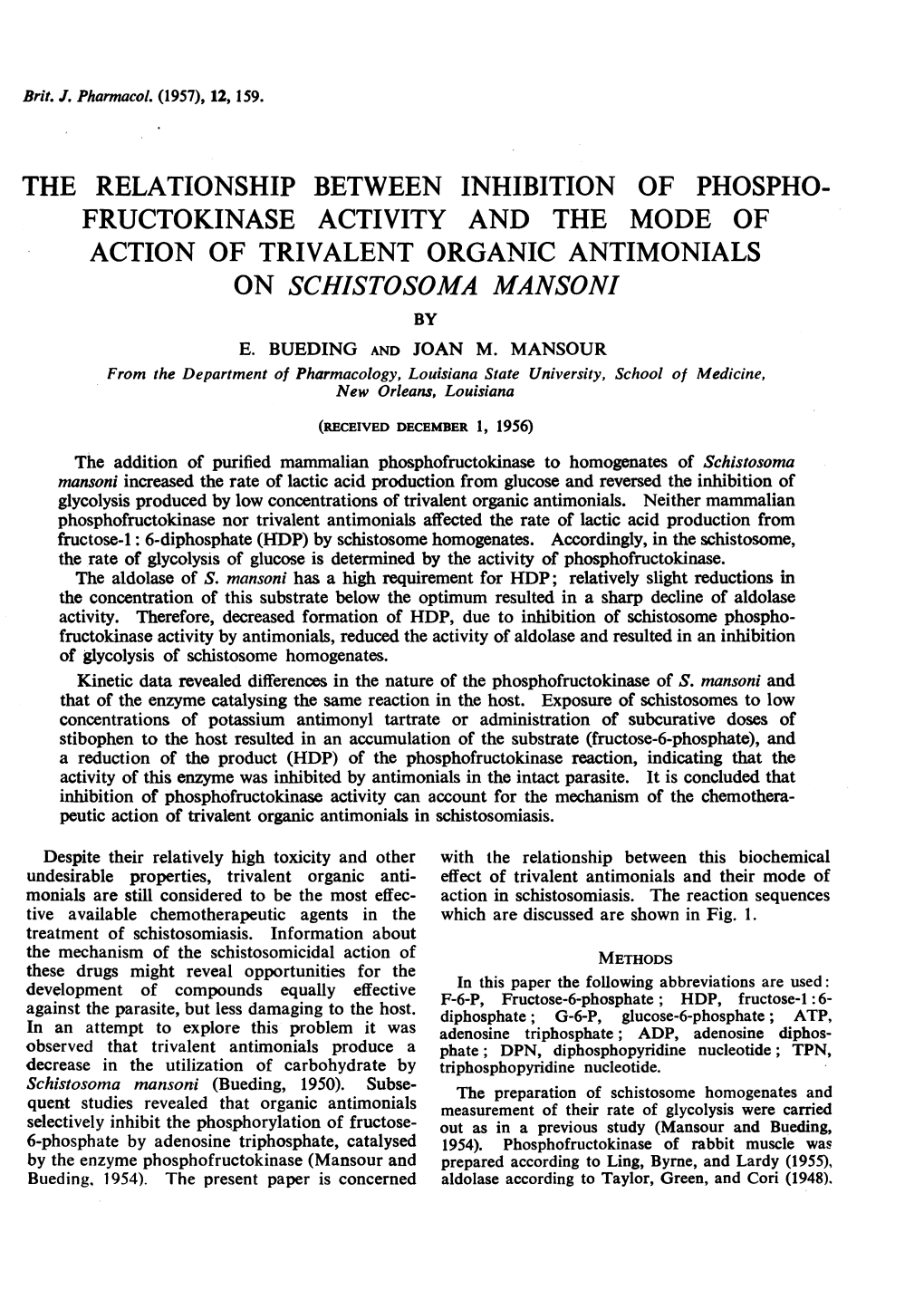 The Relationship Between Inhibition of Phospho- Fructokinase Activity and the Mode of Action of Trivalent Organic Antimonials on Schistosoma Mansoni by E