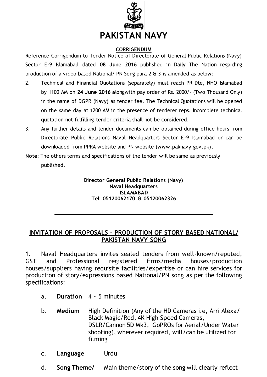 Invitation of Proposals – Production of Story Based National/ Pakistan Navy Song