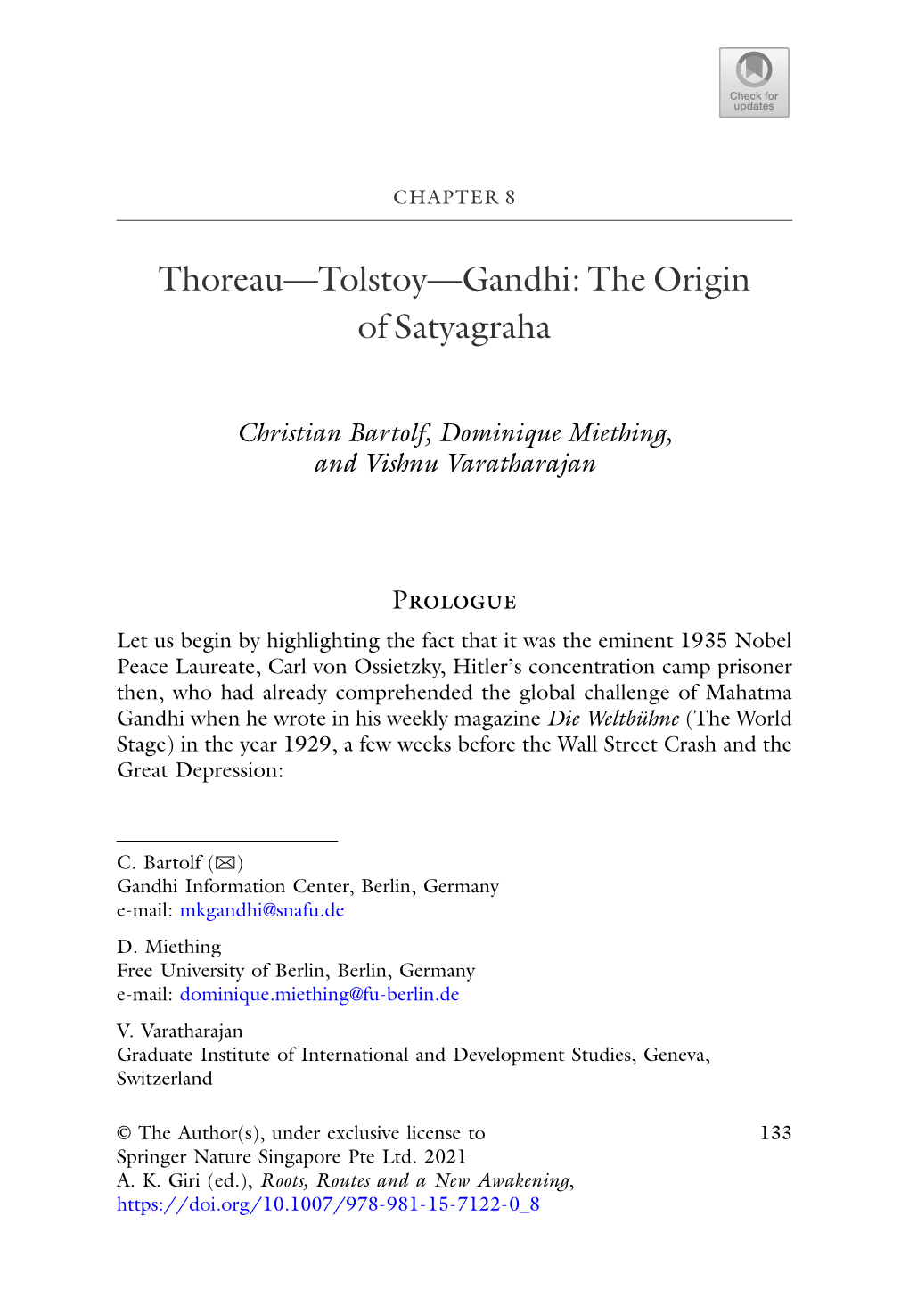 Thoreau—Tolstoy—Gandhi: the Origin of Satyagraha