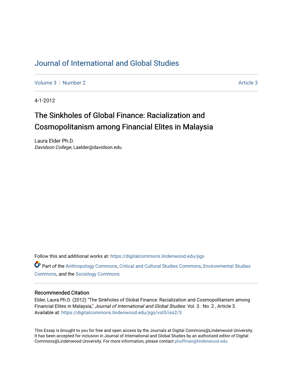 The Sinkholes of Global Finance: Racialization and Cosmopolitanism Among Financial Elites in Malaysia