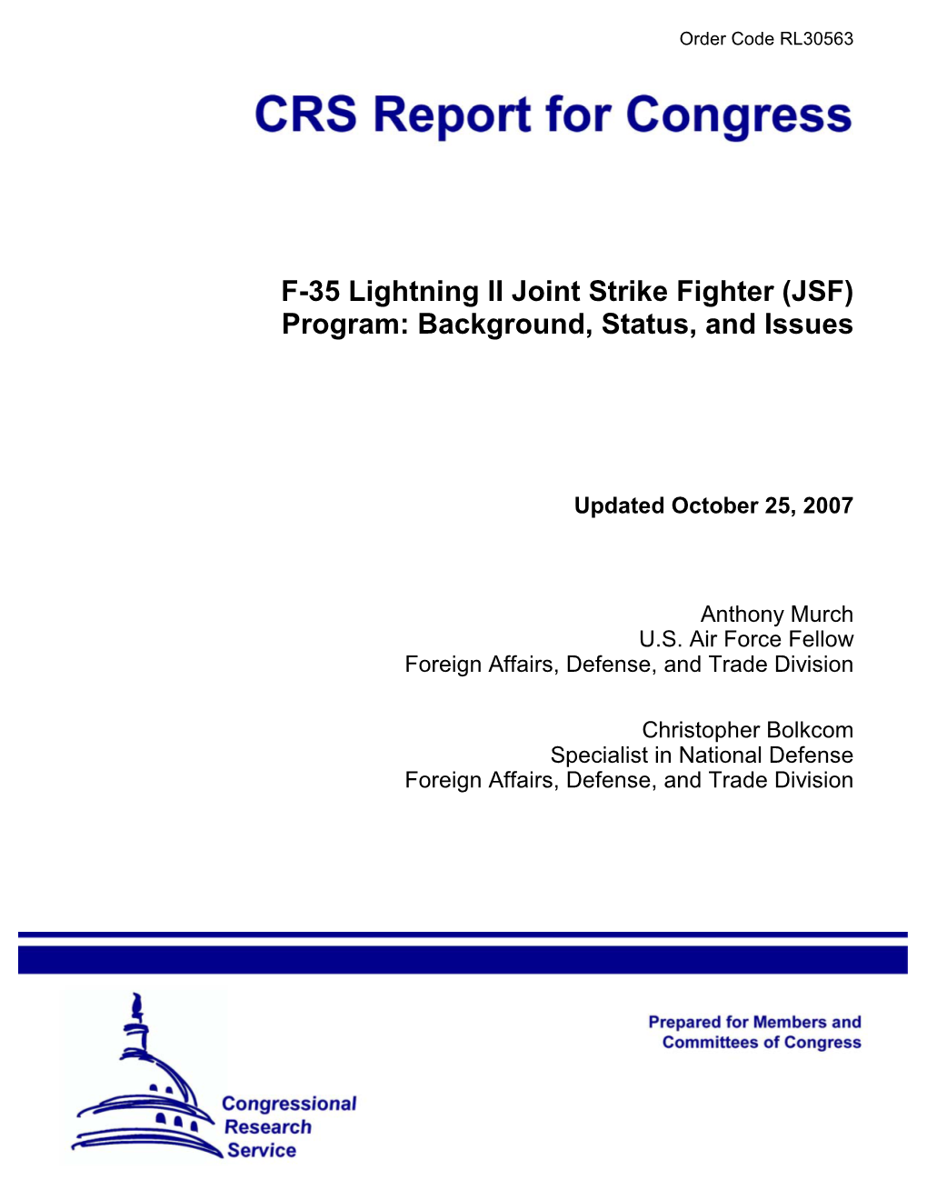 F-35 Lightning II Joint Strike Fighter (JSF) Program: Background, Status, and Issues