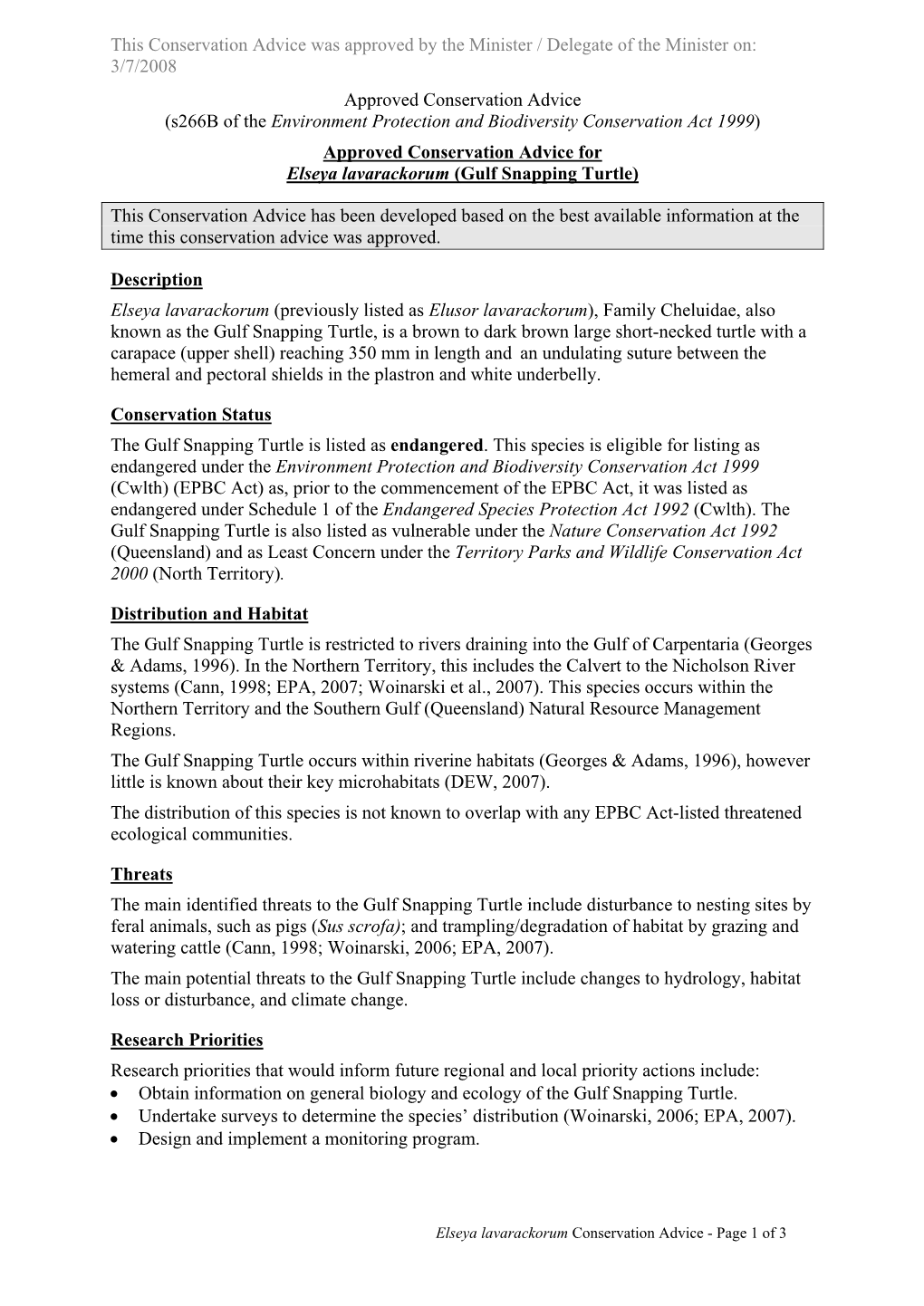 Approved Conservation Advice for Elseya Lavarackorum (Gulf Snapping Turtle)