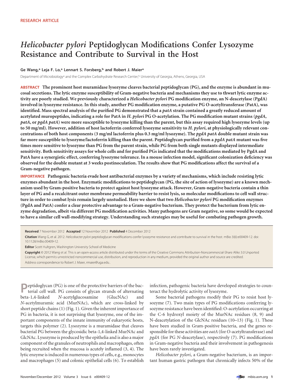 Helicobacter Pylori Peptidoglycan Modifications Confer Lysozyme