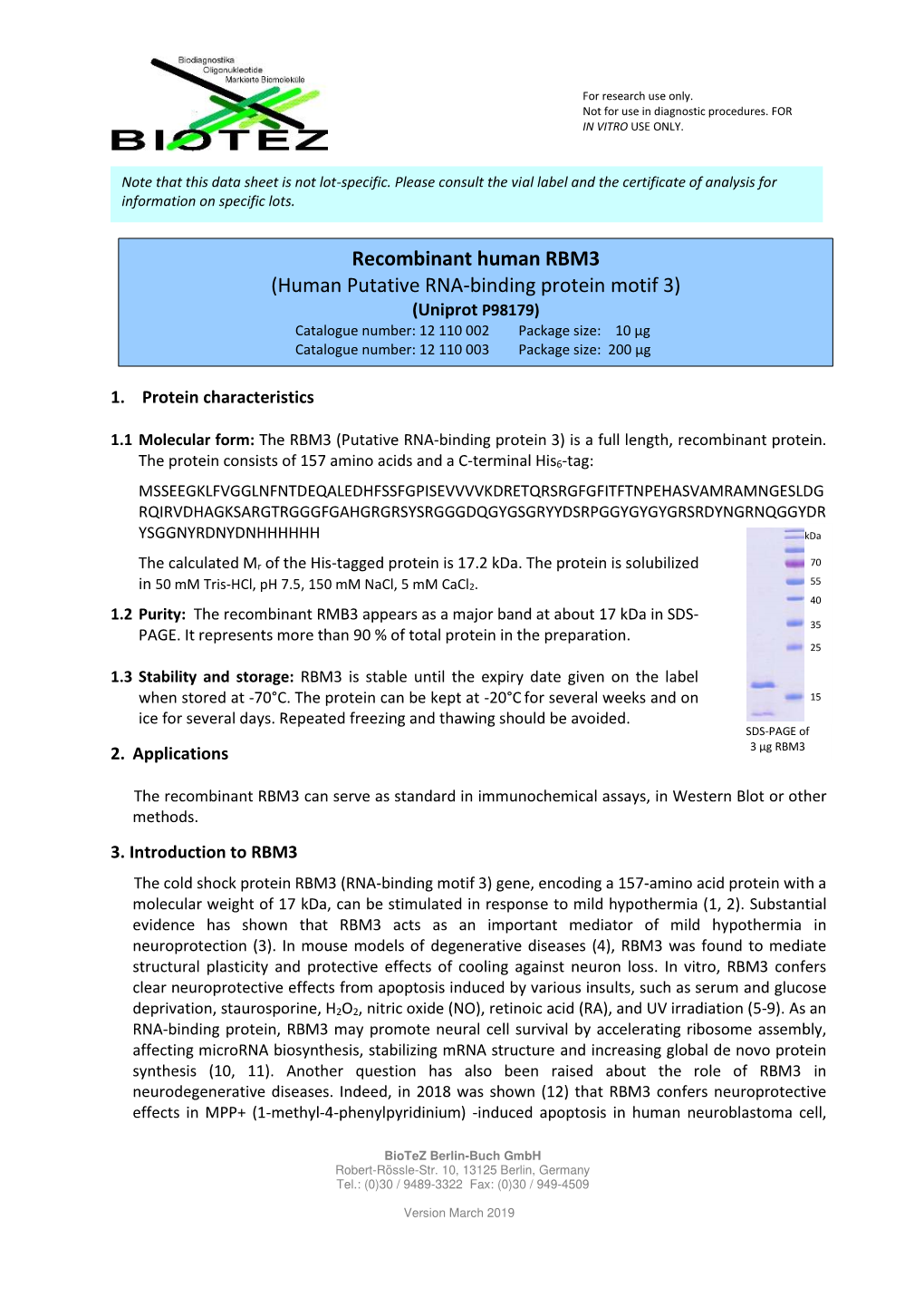 Recombinant Human RBM3 (Human Putative RNA-Binding Protein Motif 3)