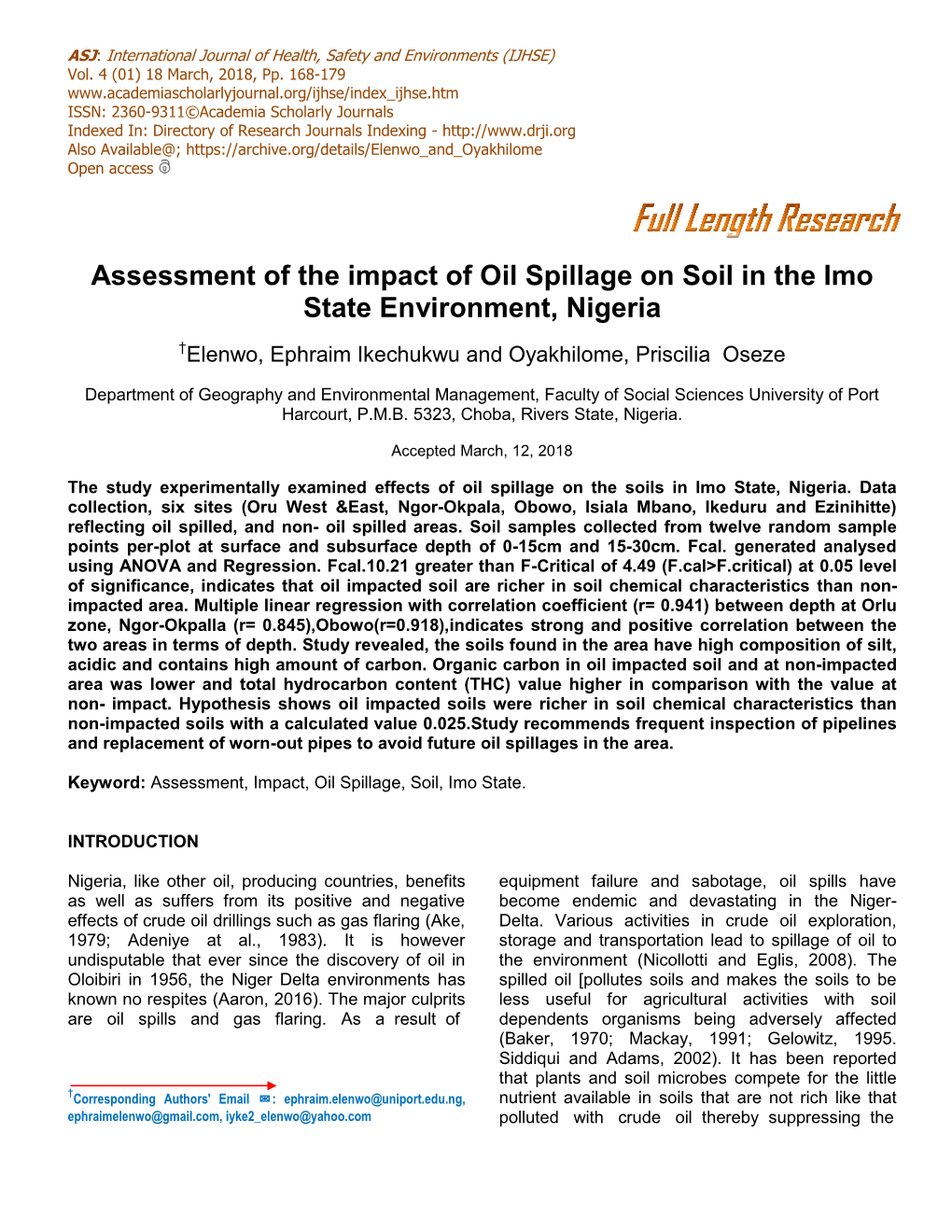 Assessment of the Impact of Oil Spillage on Soil in the Imo State Environment, Nigeria