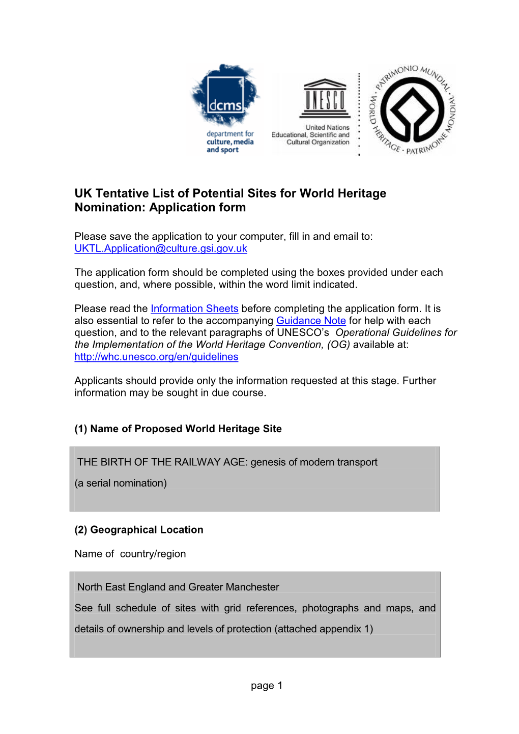 UK Tentative List of Potential Sites for World Heritage Nomination: Application Form