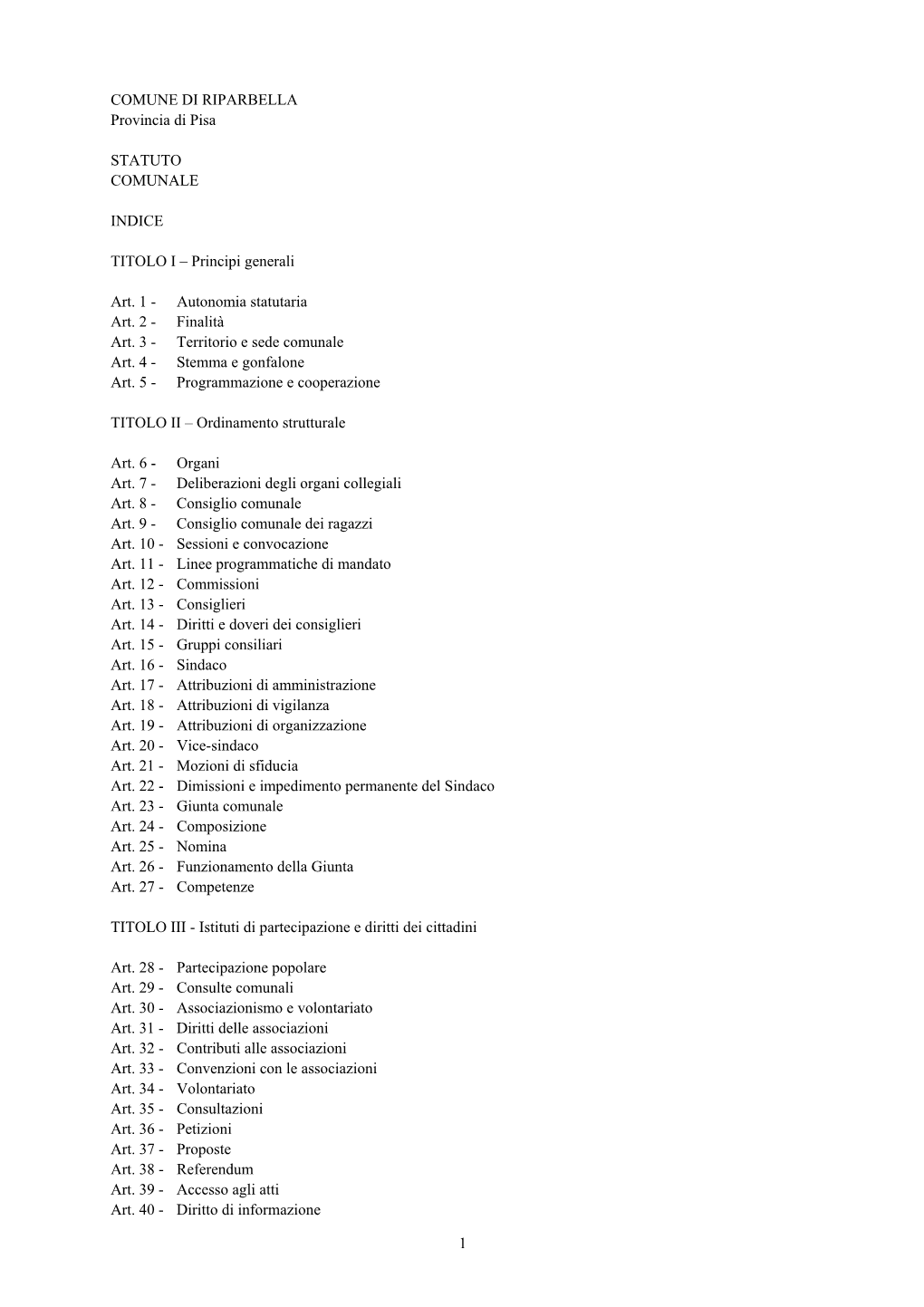 1 COMUNE DI RIPARBELLA Provincia Di Pisa STATUTO