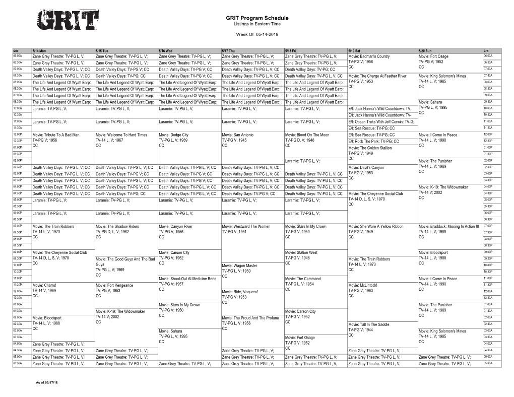 GRIT Program Schedule Listings in Eastern Time