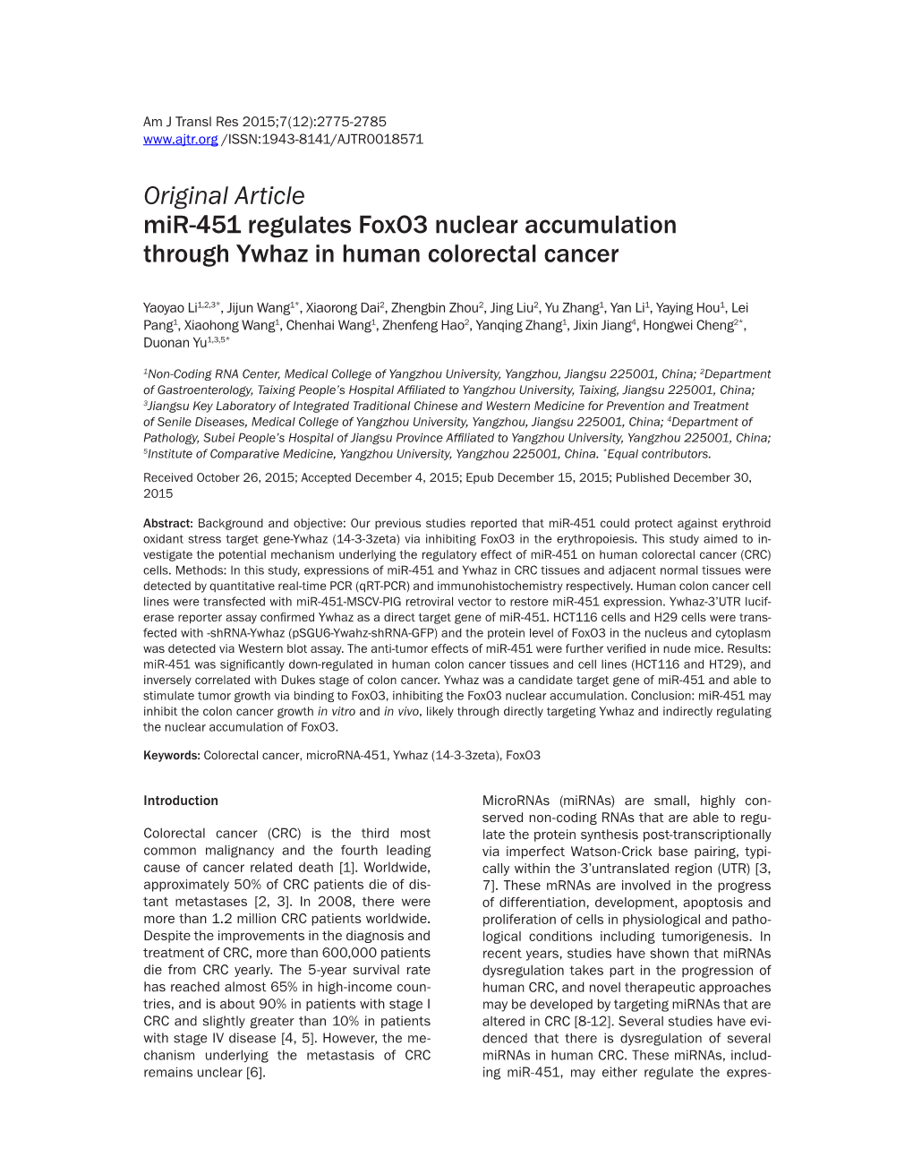 Original Article Mir-451 Regulates Foxo3 Nuclear Accumulation Through Ywhaz in Human Colorectal Cancer