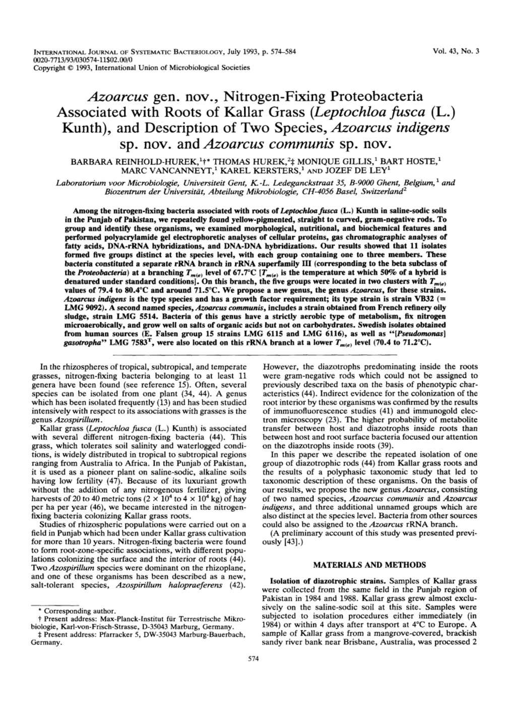 Azoarcus Gen, Nov. , Nitrogen-Fixing Proteobacteria Associated with Roots of Kallar Grass