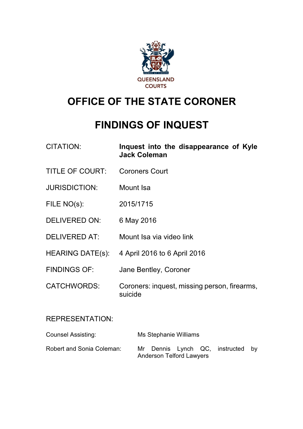 Coronial Inquest Findings