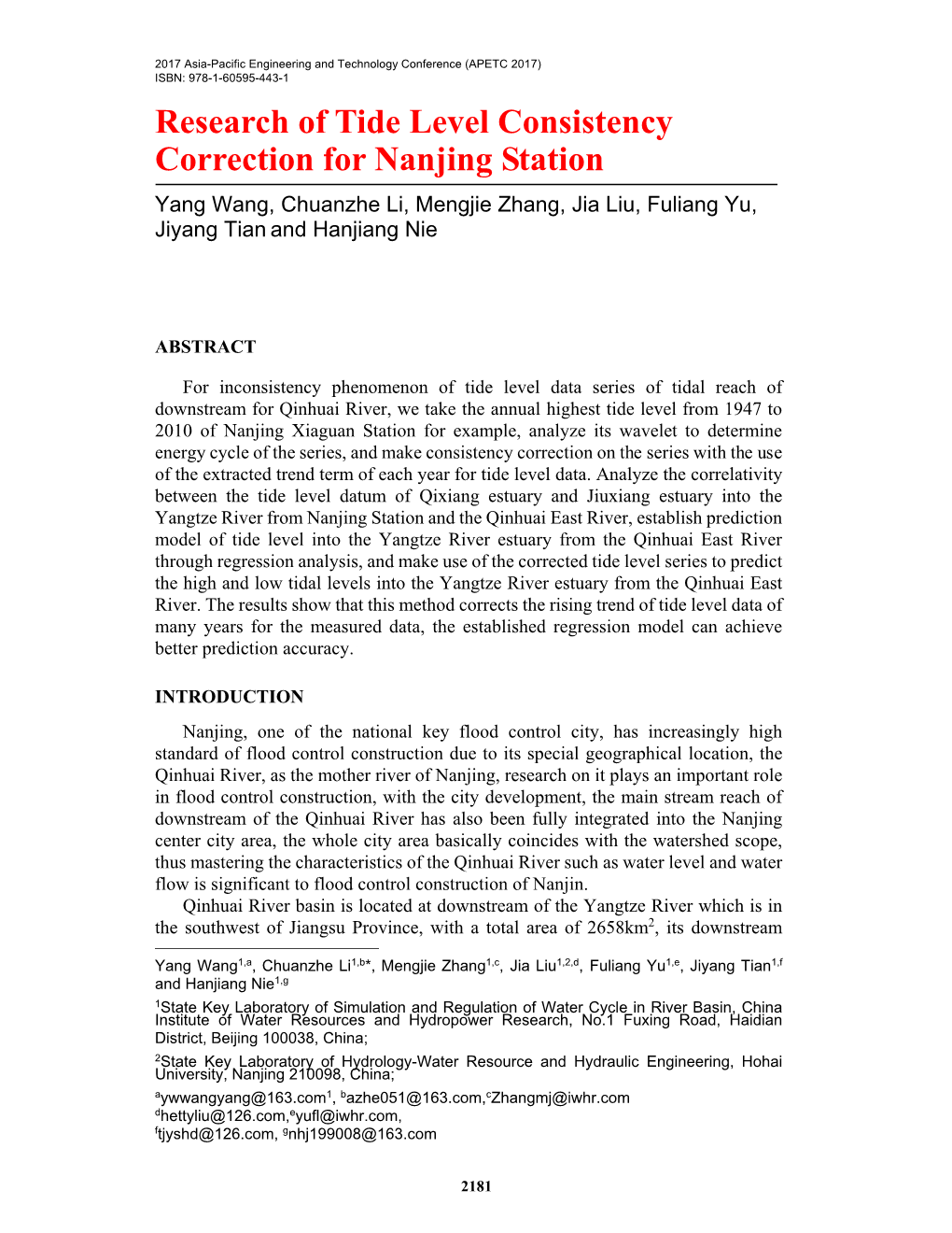 Research of Tide Level Consistency Correction for Nanjing Station Yang Wang, Chuanzhe Li, Mengjie Zhang, Jia Liu, Fuliang Yu, Jiyang Tian and Hanjiang Nie