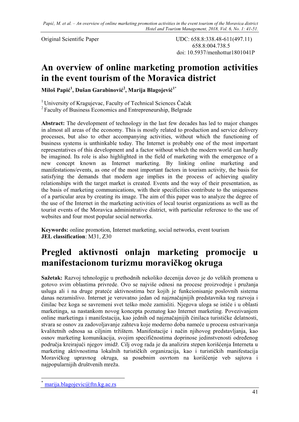 An Overview of Online Marketing Promotion Activities in the Event Tourism of the Moravica District Pregled Aktivnosti Onlajn
