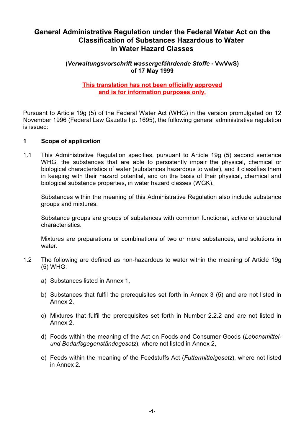 General Administrative Regulation Under the Federal Water Act on the Classification of Substances Hazardous to Water in Water Hazard Classes