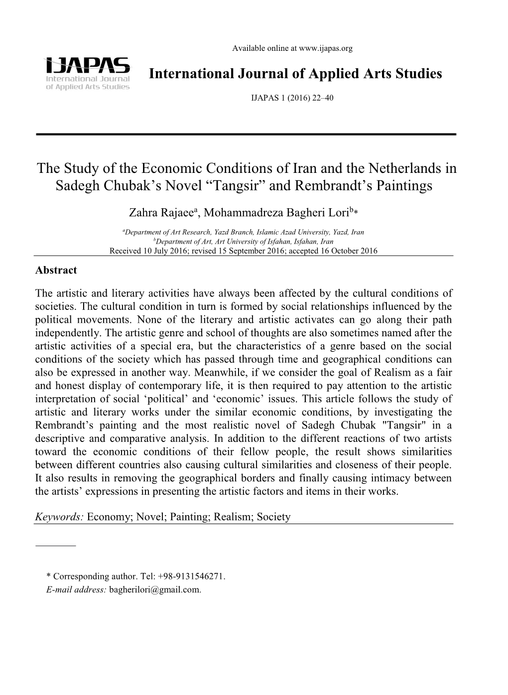 International Journal of Applied Arts Studies the Study of the Economic Conditions of Iran and the Netherlands in Sadegh Chubak