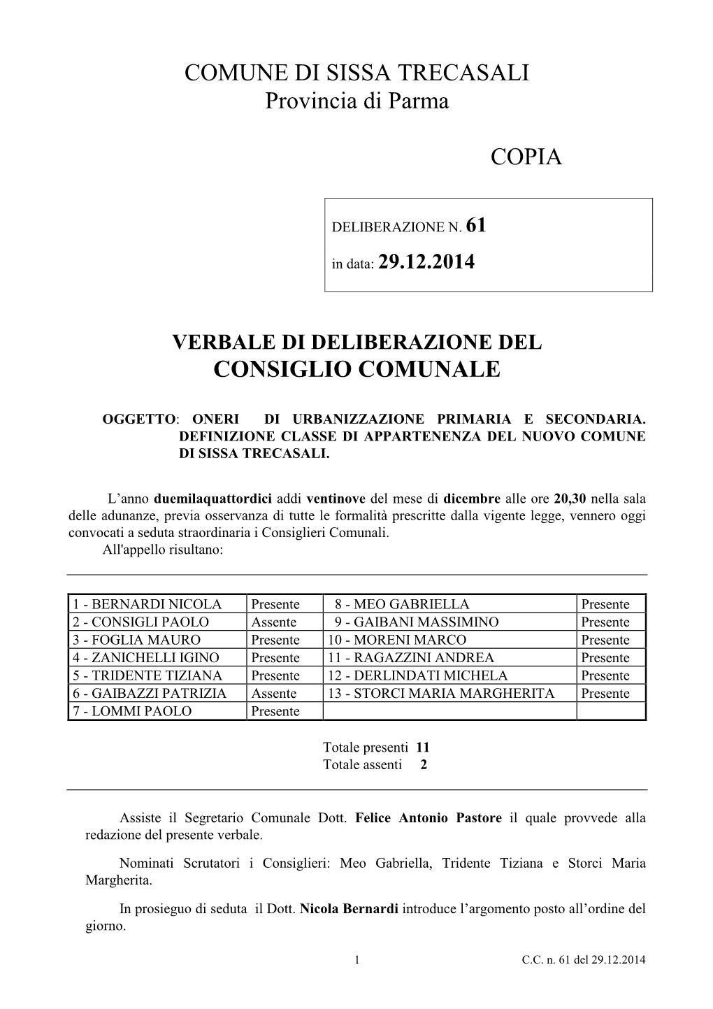 COMUNE DI SISSA TRECASALI Provincia Di Parma COPIA