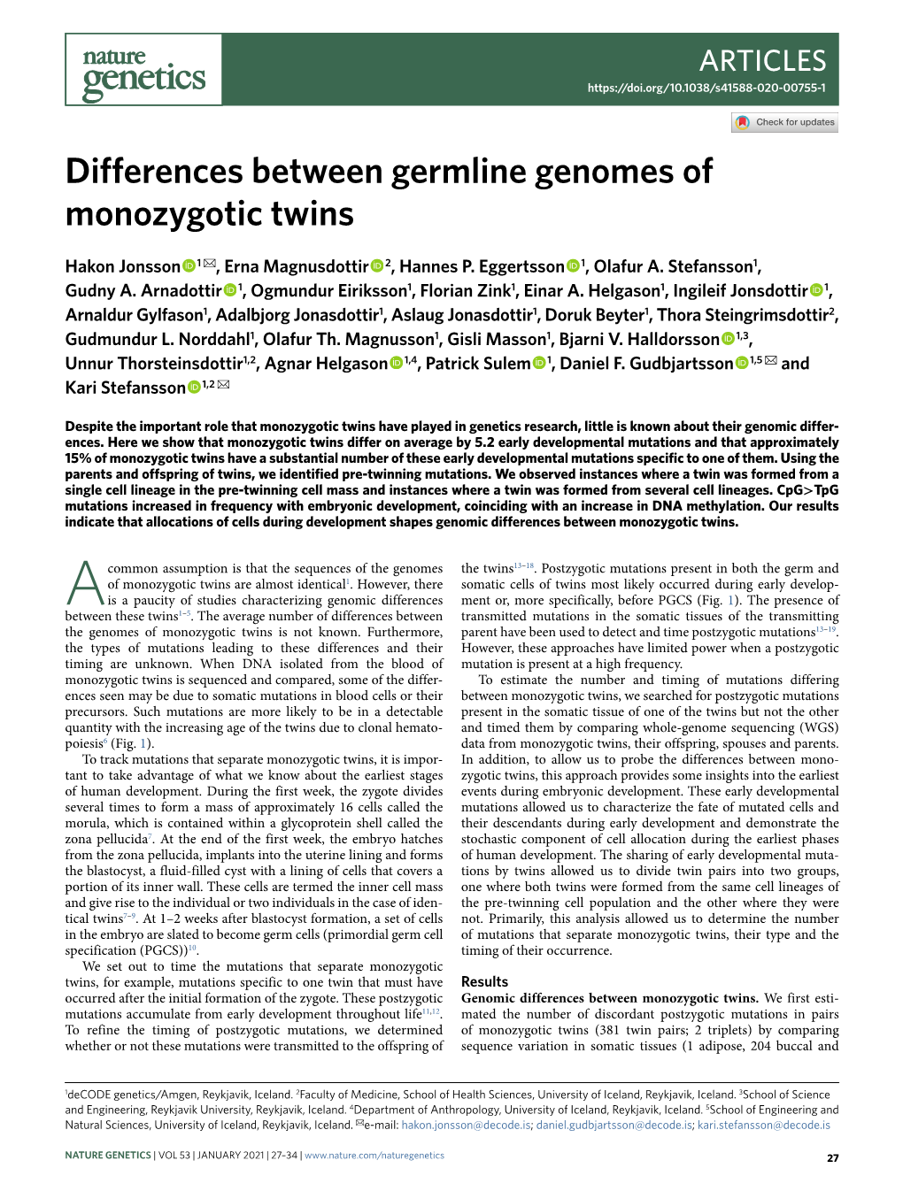 Differences Between Germline Genomes of Monozygotic Twins