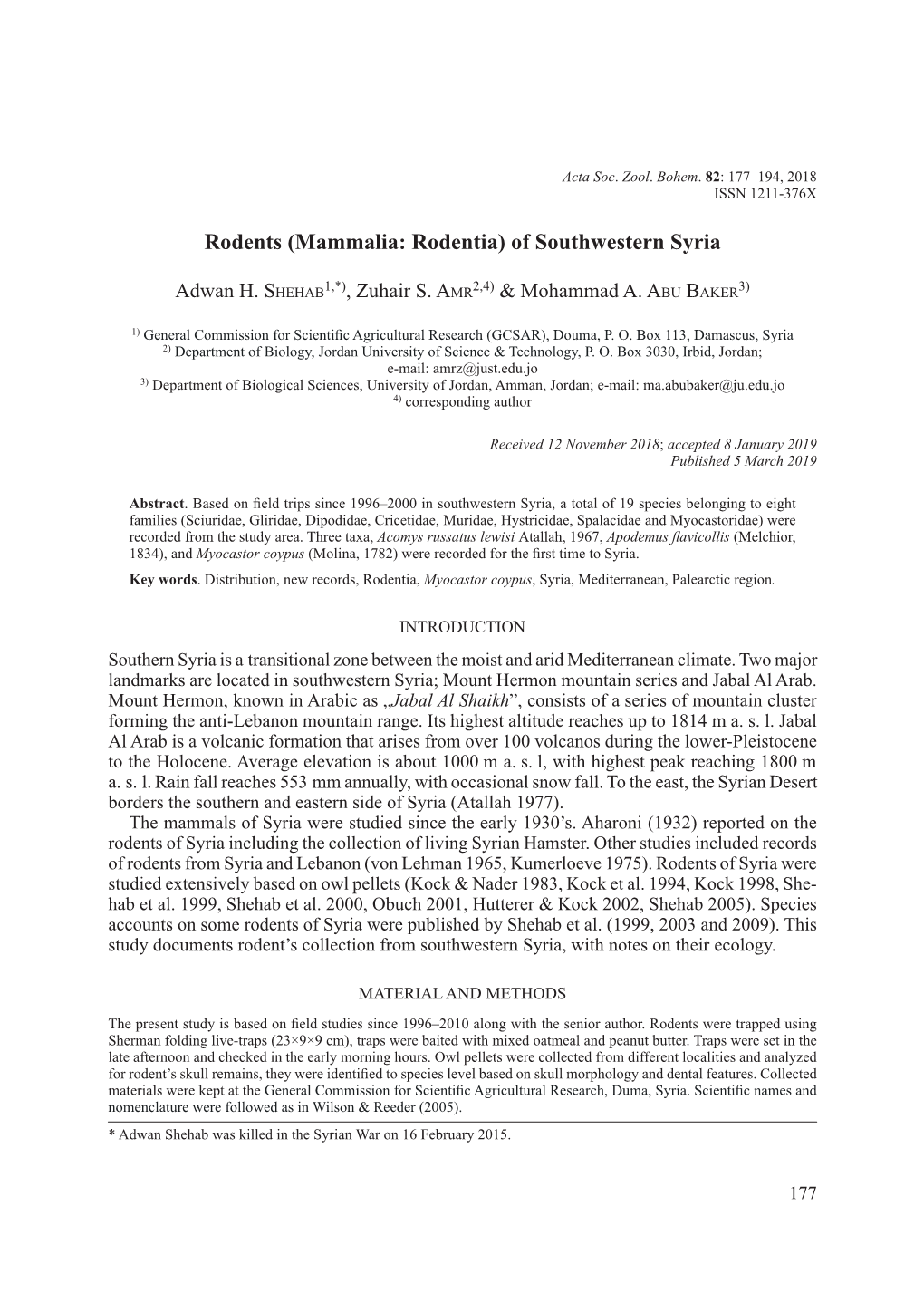 Rodents (Mammalia: Rodentia) of Southwestern Syria