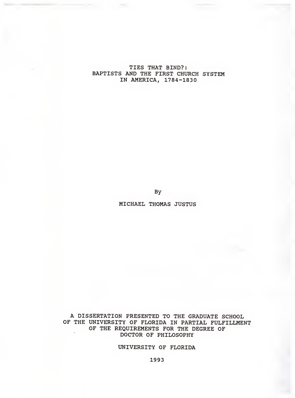 Ties That Bind? : Baptists and the First Church System in America, 1784-1830