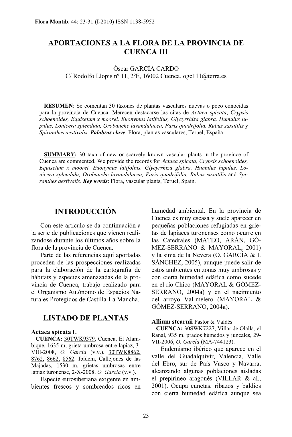 Flora Montiberica, Vol. 44. Valencia, 22-XII-2009
