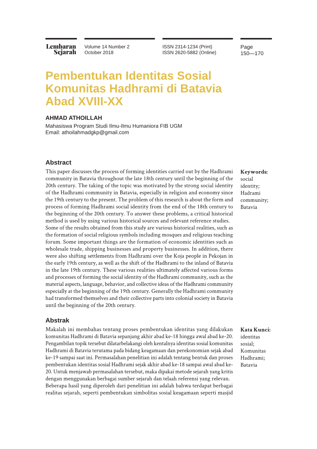 Pembentukan Identitas Sosial Komunitas Hadhrami Di Batavia Abad XVIII-XX