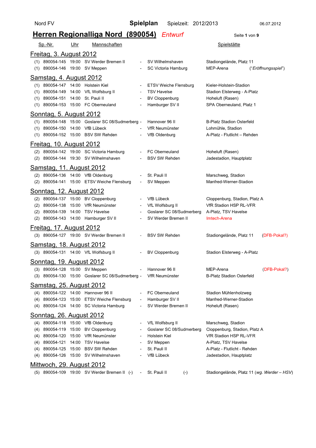 Herren Regionalliga Nord (890054) Entwurf Seite 1 Von 9 Sp.-Nr