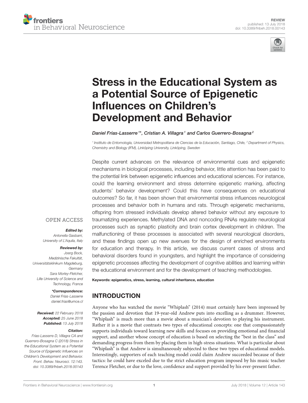 Stress in the Educational System As a Potential Source of Epigenetic Inﬂuences on Children’S Development and Behavior