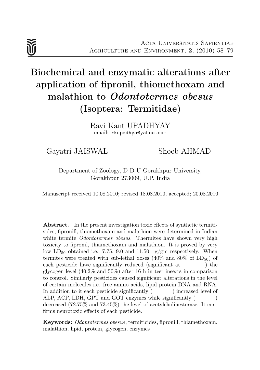 Biochemical and Enzymatic Alterations After Application of Fipronil