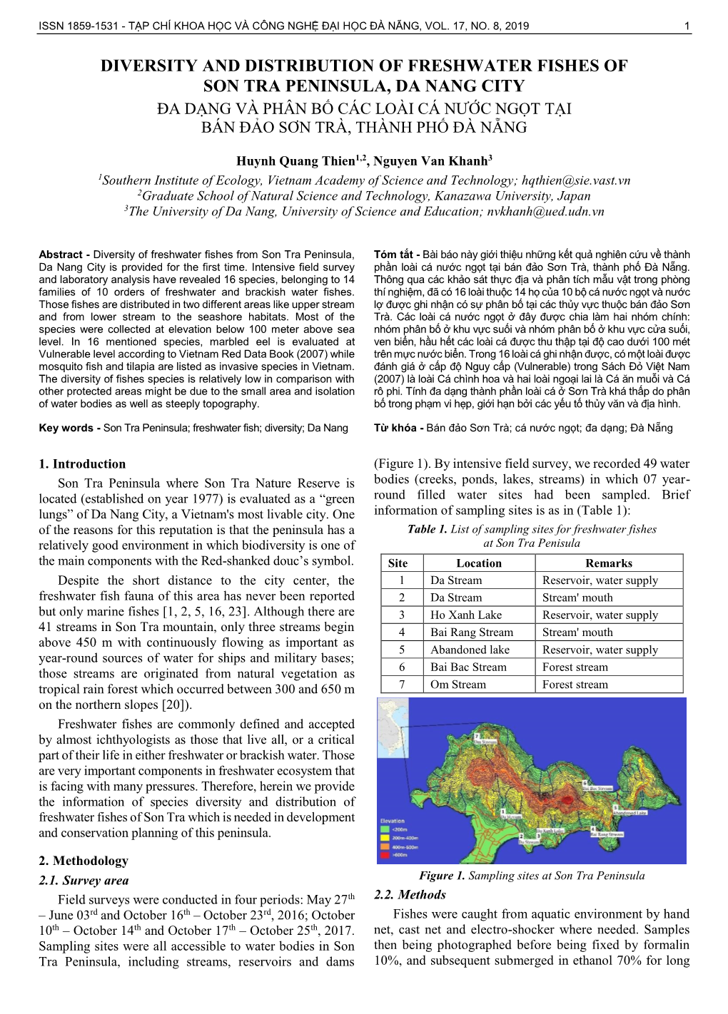 Diversity and Distribution of Freshwater Fishes of Son Tra Peninsula, Da Nang City Đa Dạng Và Phân Bố Các Loài Cá Nước Ngọt Tại Bán Đảo Sơn Trà, Thành Phố Đà Nẵng