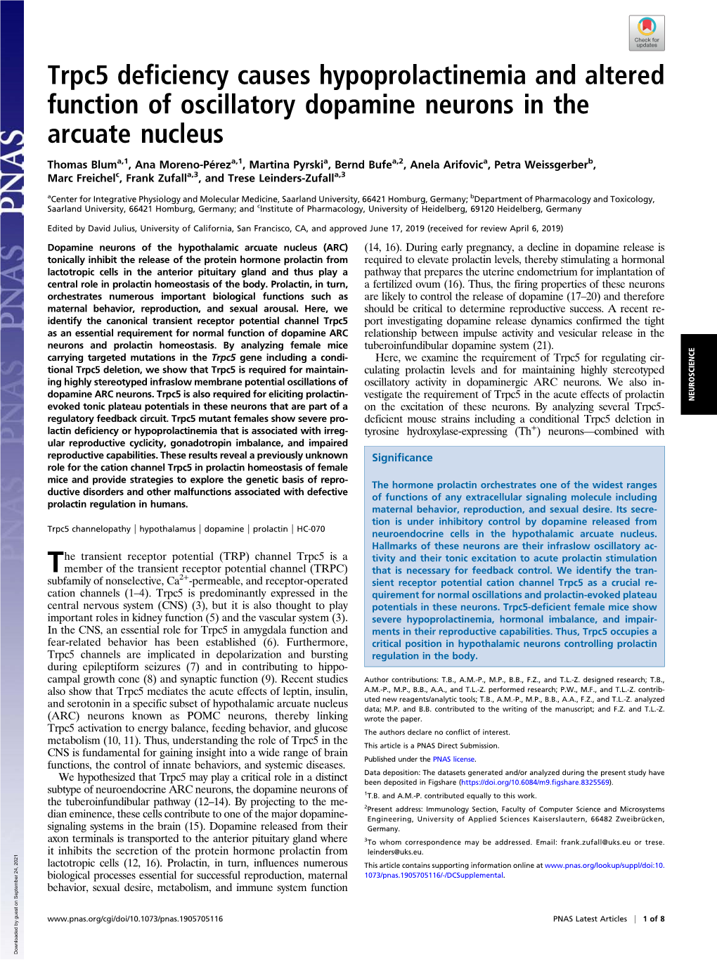 Trpc5 Deficiency Causes Hypoprolactinemia and Altered Function of Oscillatory Dopamine Neurons in the Arcuate Nucleus