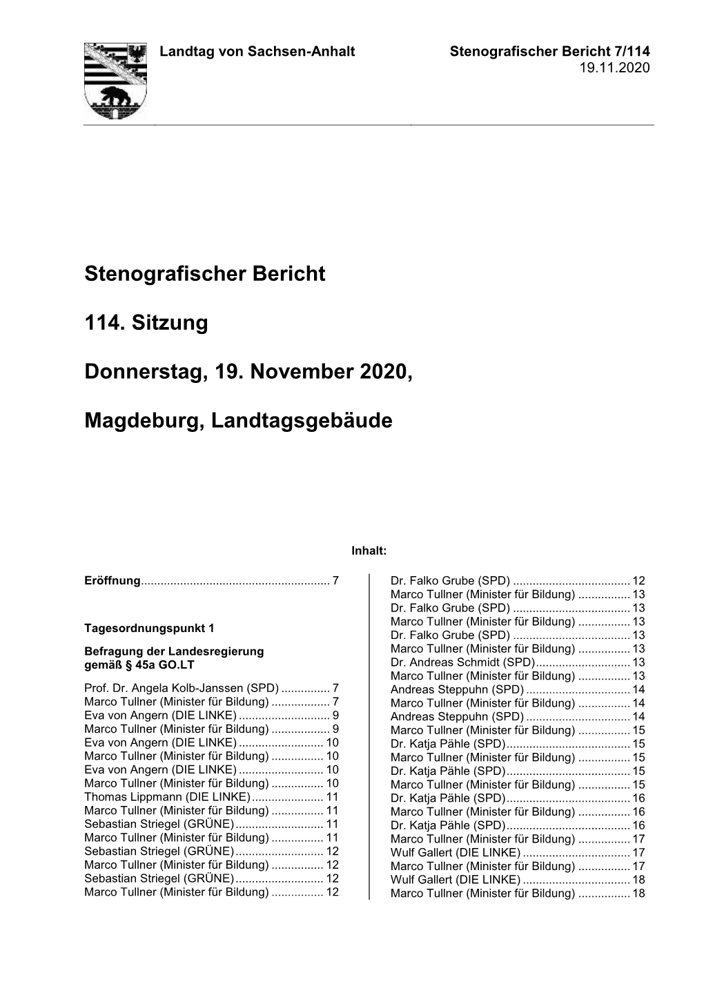 Stenografischer Bericht Über Die 114. Sitzung Am 19.11.2020