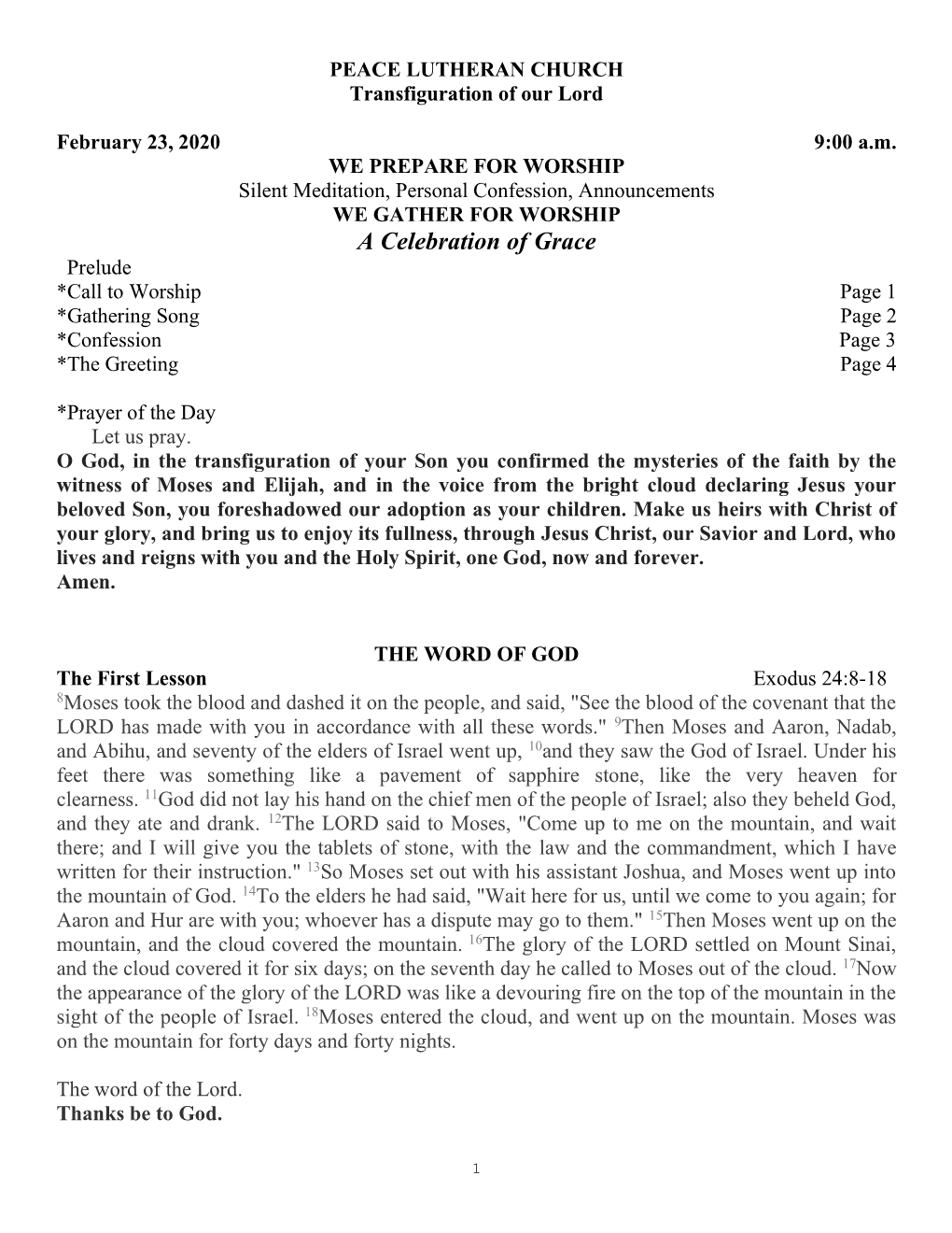 A Celebration of Grace Prelude *Call to Worship Page 1 *Gathering Song Page 2 *Confession Page 3 *The Greeting Page 4