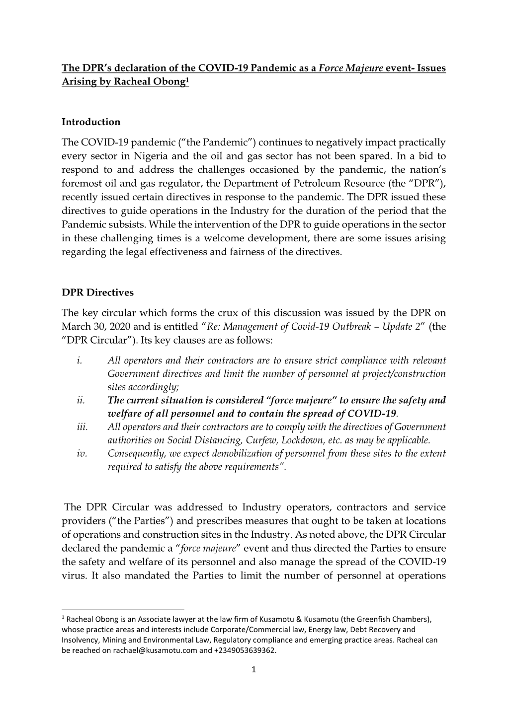 The DPR's Declaration of the COVID-19 Pandemic As a Force