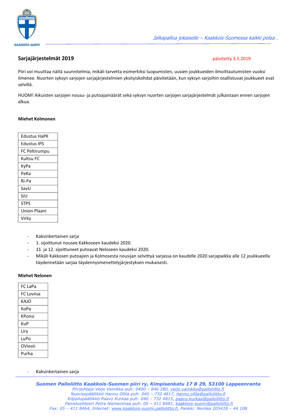 Sarjajärjestelmät 2019 Päivitetty 3.5.2019