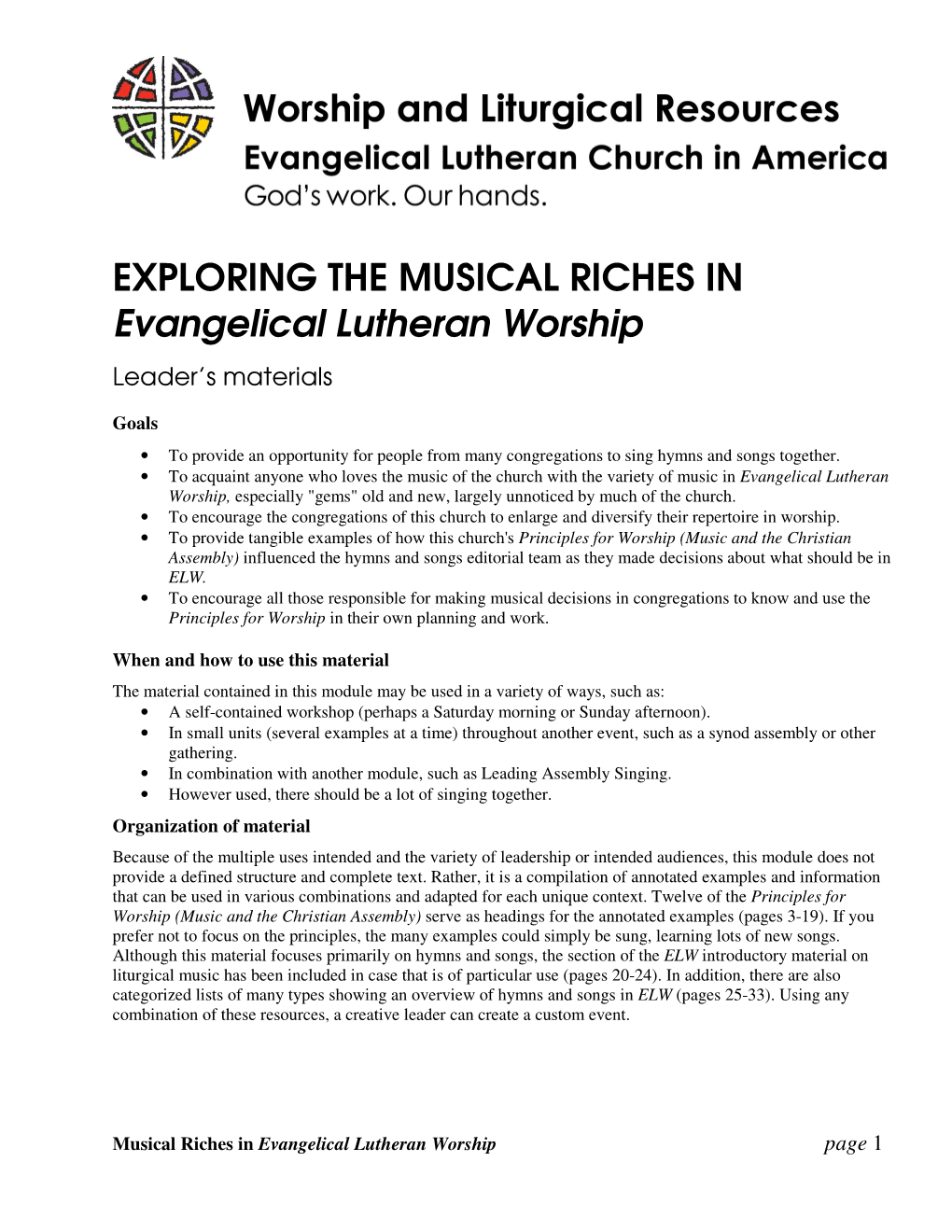 EXPLORING the MUSICAL RICHES in Evangelical Lutheran Worship