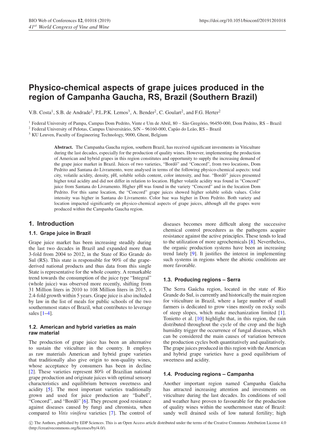Physico-Chemical Aspects of Grape Juices Produced in the Region of Campanha Gaucha, RS, Brazil (Southern Brazil)