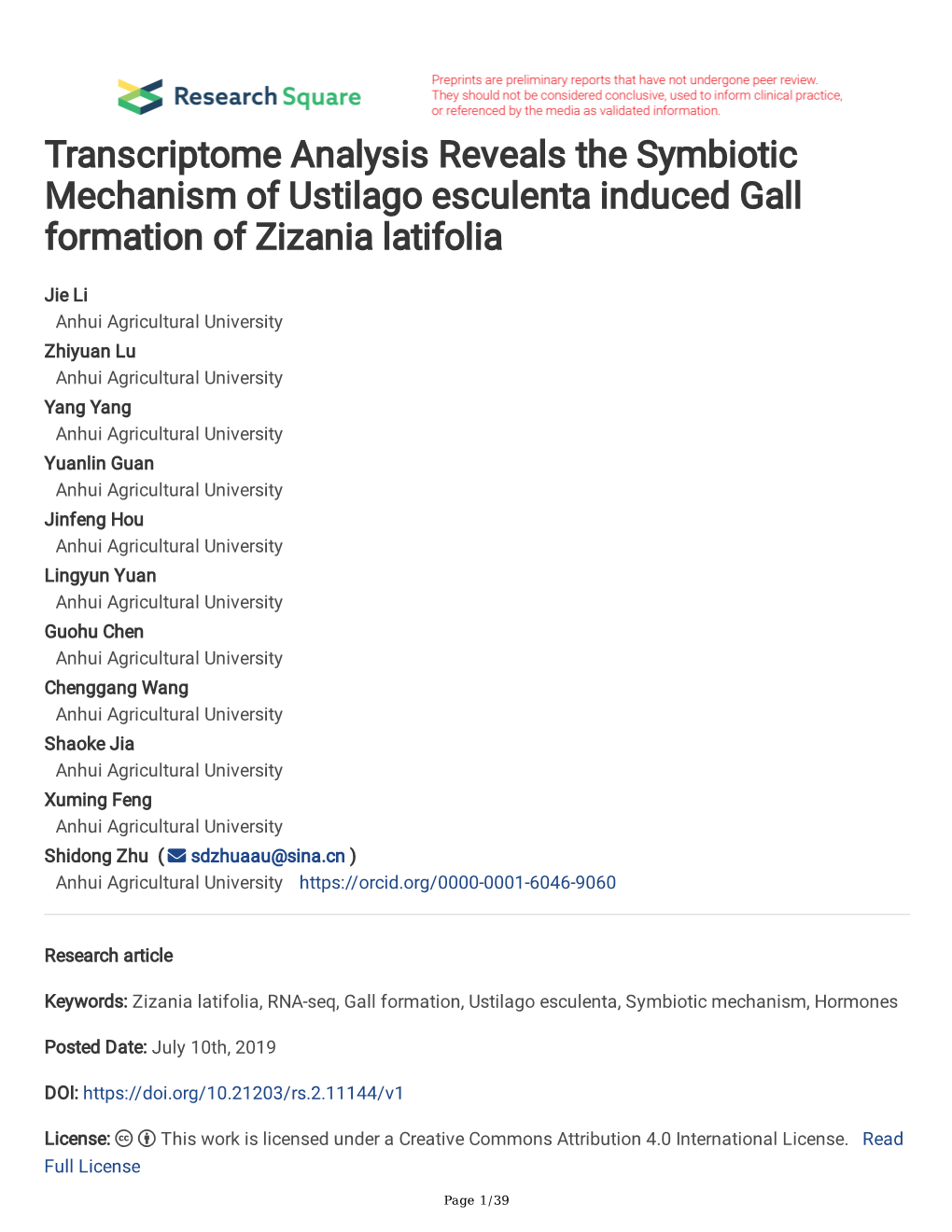 Transcriptome Analysis Reveals the Symbiotic Mechanism of Ustilago Esculenta Induced Gall Formation of Zizania Latifolia